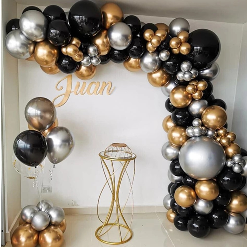 Arco de Globos de Oro plateado negro, 110 Uds., guirnaldas de Globos de látex cromado, Decoración de cumpleaños de de boda, decoración de Año