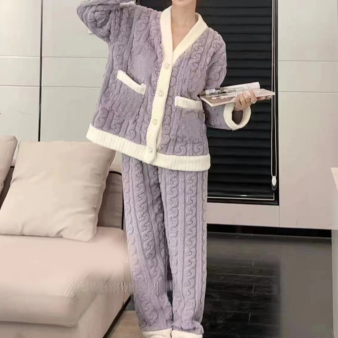 Kvinders pyjamassæt vinter nattøj o-hals løs langærmet top elastisk talje ben buksesæt bukser plus størrelse matchende sæt: L / Sølv