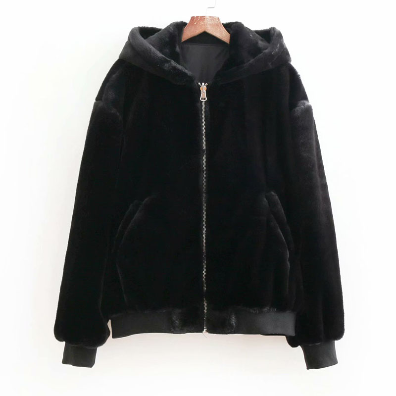 Long sleeve black winter women's double-sided wearing bomber jacket jacket wild loose faux fur hooded women's jacket: Black / L