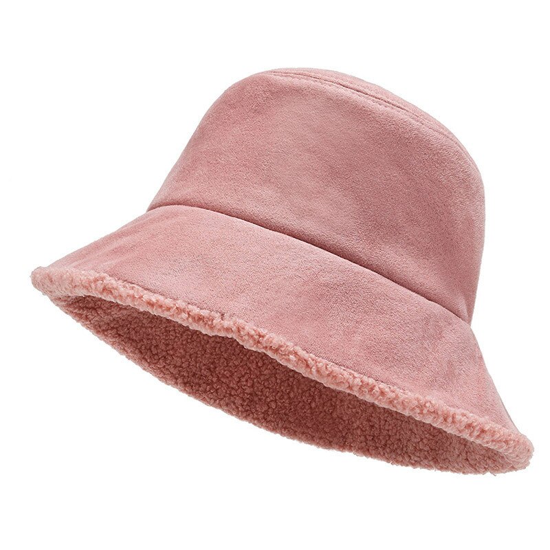 Solid fiskehætte lambwool vinter spand hat til kvinder udendørs fortykket blød varm ferie hat cap lady panama: Lyserød