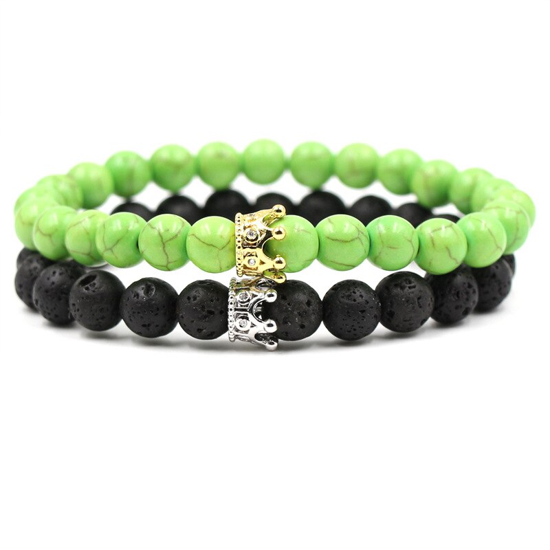 8mm 2 stk/sæt par mikro indsat zirkon krone armbånd klassisk natursten elastisk kvinder charm perler armbånd til mænd smykker: Farve 14