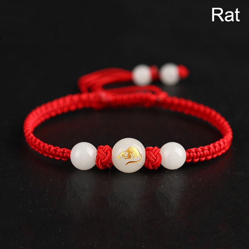 Chinese Stijl 12 Dierenriem Dieren Armband Unisex Handgemaakte Gevlochten Rode Draad Lucky Lichtgevende Steen Verstelbare Armband Paar: Rat