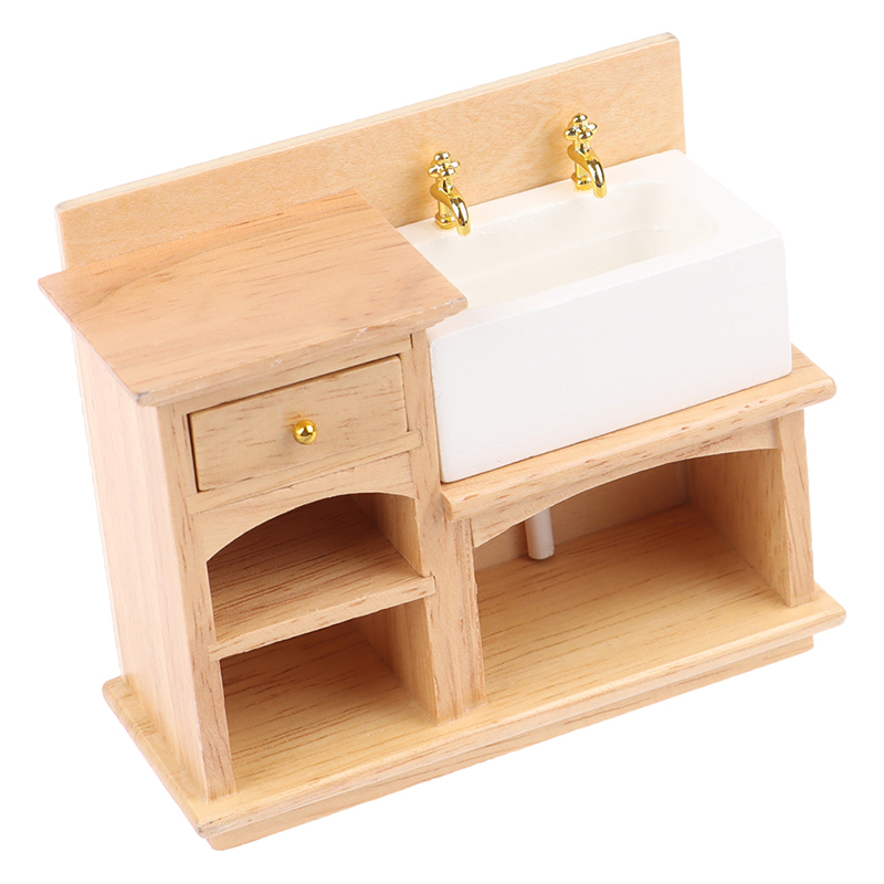 1PC 1/12 Holz Waschbecken Schrank mit Keramik Hand Waschbecken Miniatur Möbel Spielzeug für Puppenhaus Schlecht Küche Dekoration