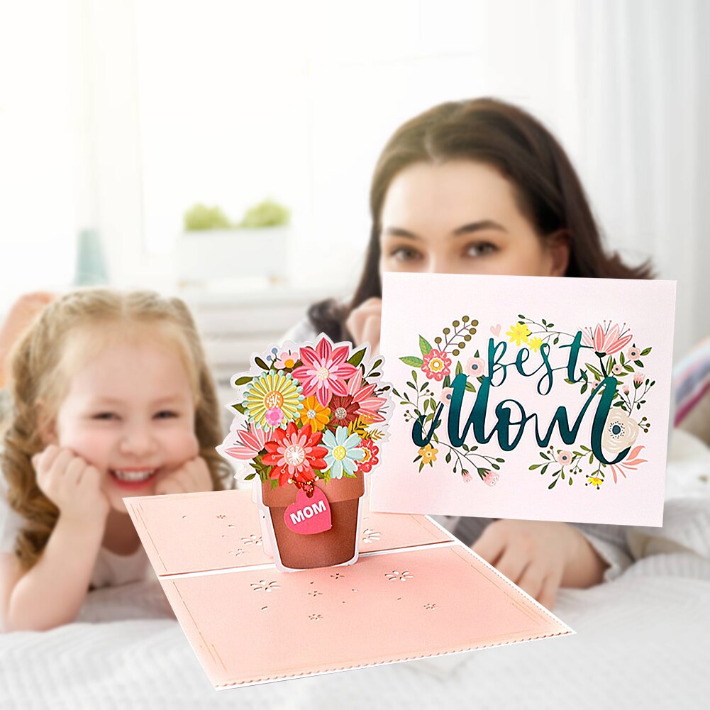 3D Mothers Day Cards Heart Flowers Bouquet Greeting Cards Wedding Anniversary with Envelope Birthday Card For Mom