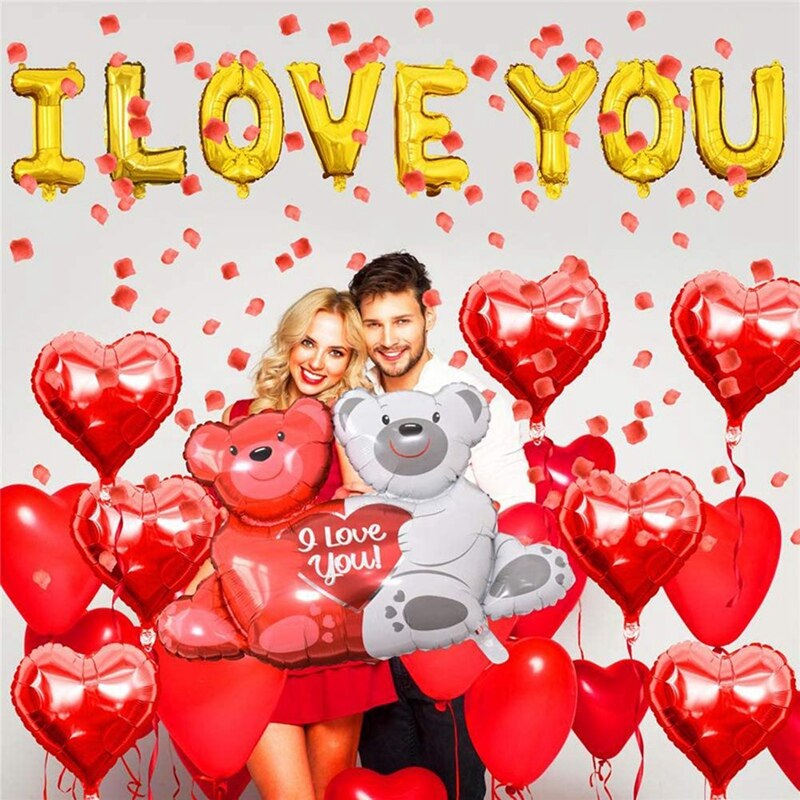 Ballons LOVE YOU en soie en forme de cœur, décoration de fête, Kit avec pétales de Rose