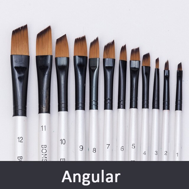 12Pcs Paint Brush Set Filbert Golden Nylon Bristle Brush for Watercolor Acrylic, Gouache, Oil and Facepaint: Angular