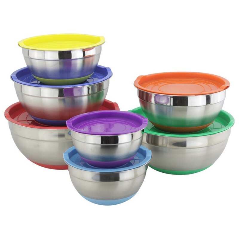 Stainless Steel Mixing Bowl With Lid Home Kitchen Egg Mixer Salad Bowls Non-slip Silicone Bottom Food Storage Bowl Set WY72102