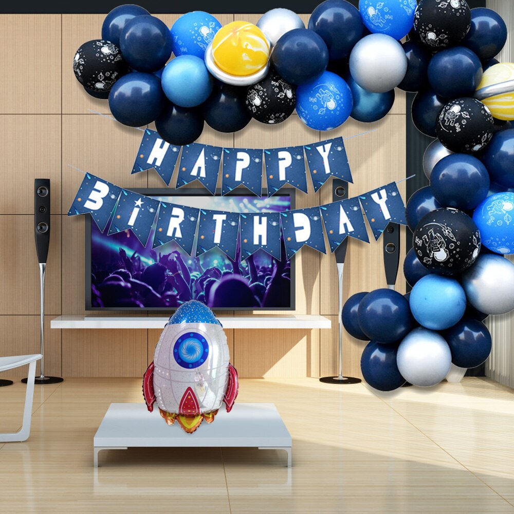 75PCS Outer Space Theme Birthday Party Decorations with Astronaut Spaceman Rocket Foil Balloons Banner Ribbon for Kids Boys