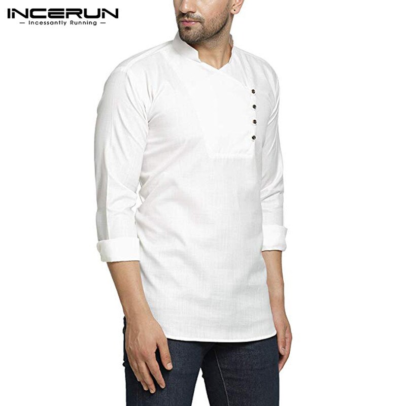 Herr indiska retro skjortor man stå krage enfärgad streetwear skjorta herr muslimska toppar långärmad casual kurta camisa plus size
