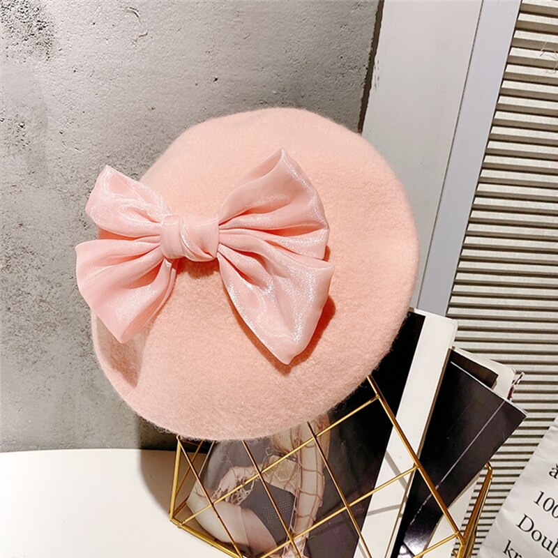 Béret en laine avec nœud papillon pour femme, chapeau avec motif de biscuits, de couleur unie, idéal pour l&#39;automne et l&#39;hiver