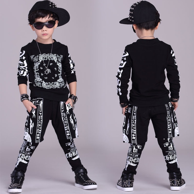 Hip Hop Costumes Boys Printed Long Sleeve Top Pants Street Dance Clothes Children Modern Stage Outfit Show Wear DNV12564