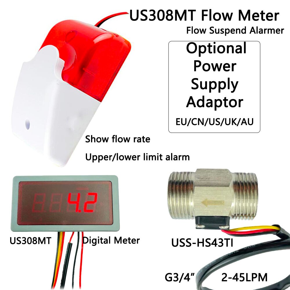 US308MT USS-HS43TI 2-45L/min G3/4" SUS304 flow sensor Flow Meter Flow Rate Display Water Break Alarmer