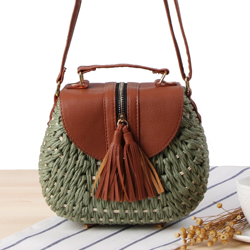 paper rope woven bag small fresh messenger straw bag beach vacation shoulder shoulder bag woven bag: Army Green