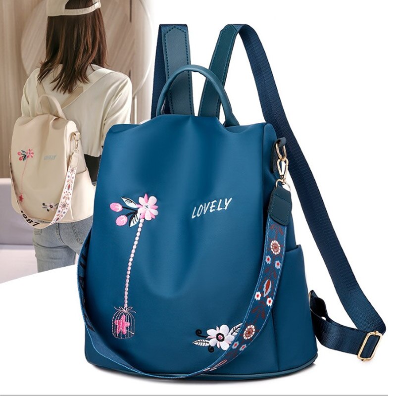 Puimentiua Oxford Women Backpack Floral Embroidery School Bags Waterproof Female Backpacks Teenage Girls: blue A