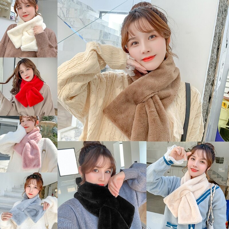Women Thick Fuzzy Plush Loophole Cross Collar Scarf Solid Color Neck Wrap Shrug