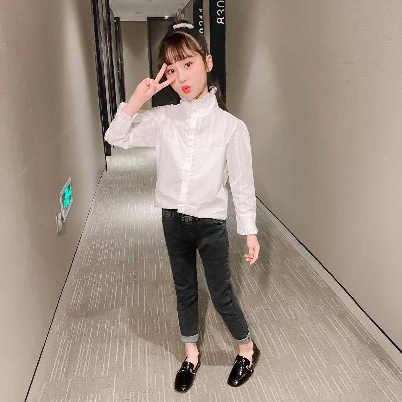 Meisjes witte blouse effen kleur meisjes school shirts coltrui kindershirt voor meisjes tienerkleding voor meisjes: 12