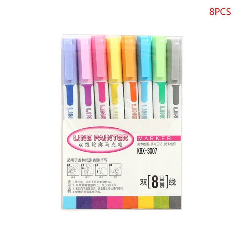 8 Stuks Gekleurde Dubbele Lijn Pen Tekening Schets Markeerstiften Fluorescerende Marker