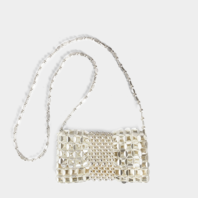 niche goud geweven ketting mobiele telefoon nul portemonnee crossbody handgemaakte dames geweven crossbody tas met kralen: WHITE
