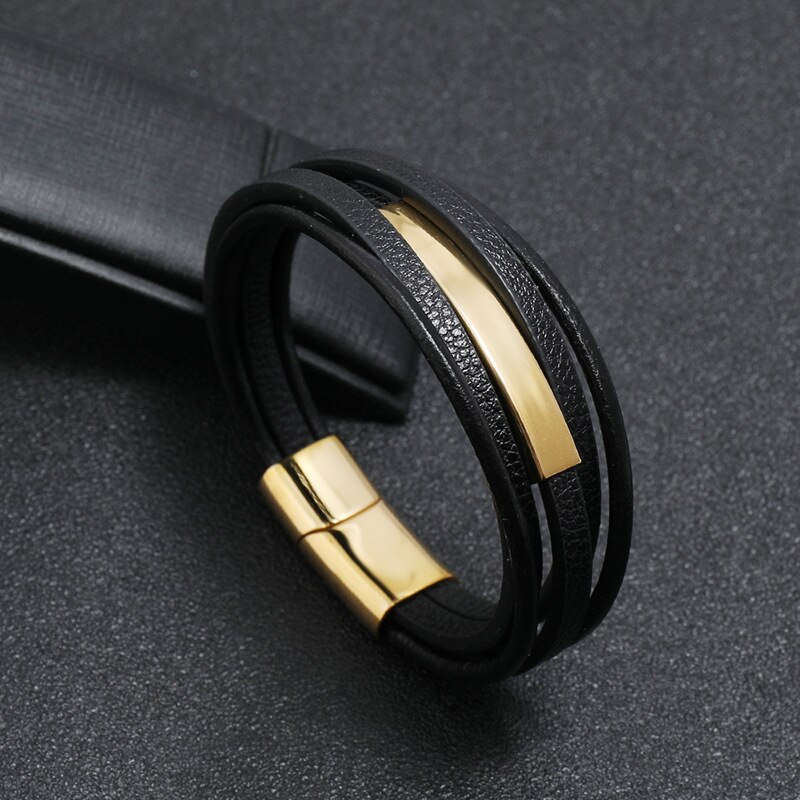 Stijl Multilayer Man Armband Leer Gevlochten Touw Rvs Magnetische Sluiting Hand Armbanden Mode Mannen Sieraden
