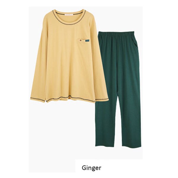 Efterår herre pyjamas sæt bomuld/bambus fiber lange ærmer ren mand nattøj o-hals løs fritid mandlige hjemmetøj nattøj m-xxl: Ingefær / L