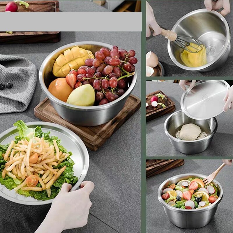 3Stck einstellen 304 Edelstahl Schüssel mit Deckel Sieb Küche Verdicken Kochen Salat Mischen Schalen einstellen Waschen Ablauf Suppe becken Schüssel