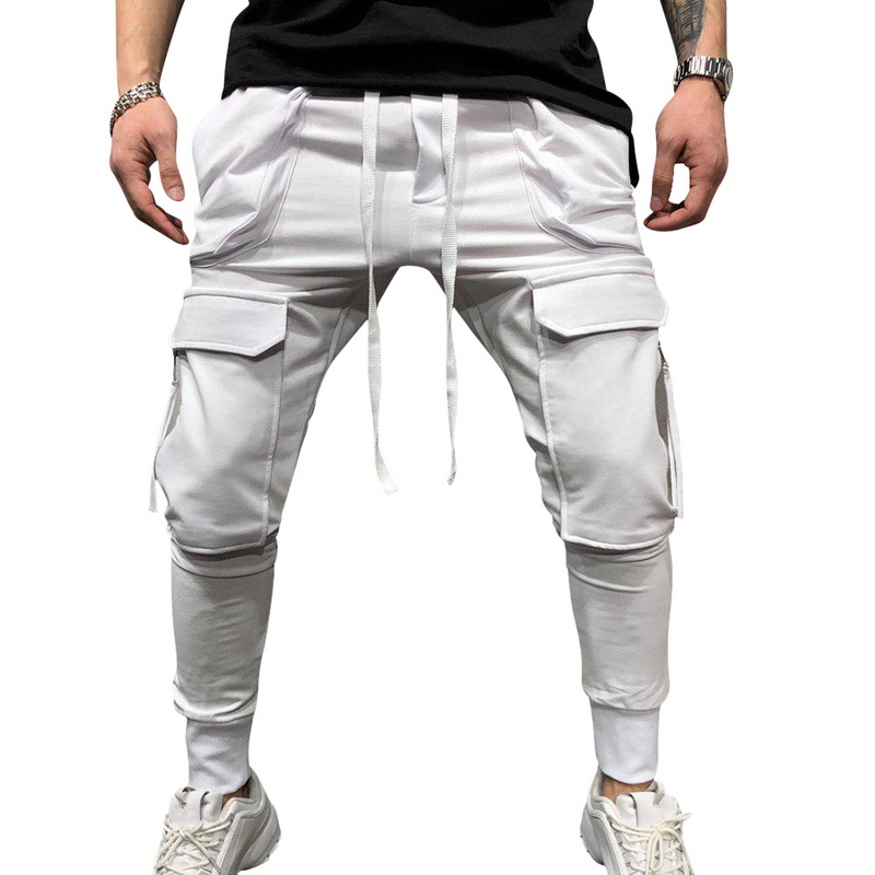 Men Pockets Casual Cargo Pants Slim Joggers Hip Hop Sweatpants Fahsion Men Drawstring Pencil Trousers Gym Pantalon Homme: XXL / White