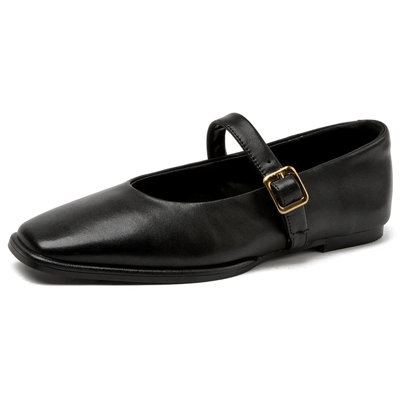 AIYUQI Mary Jane Scarpe Donna in vera pelle 2025 Nuove scarpe da balletto a scatto Donna Punta quadrata Scarpe piatte da donna in pelle bovina: Black / 38