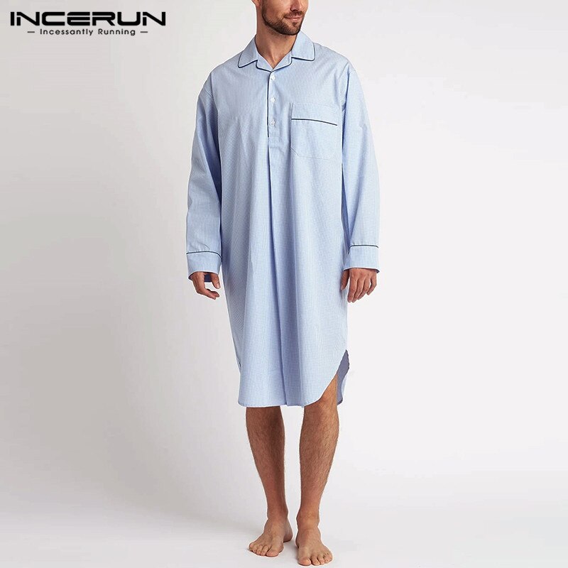 Incerun Plaid Mannen Slaap Gewaden Lange Mouwen Leisure Jurk Nachtjapon Comfortabele Mode Homewear Revers Mannen Badjassen S-5XL