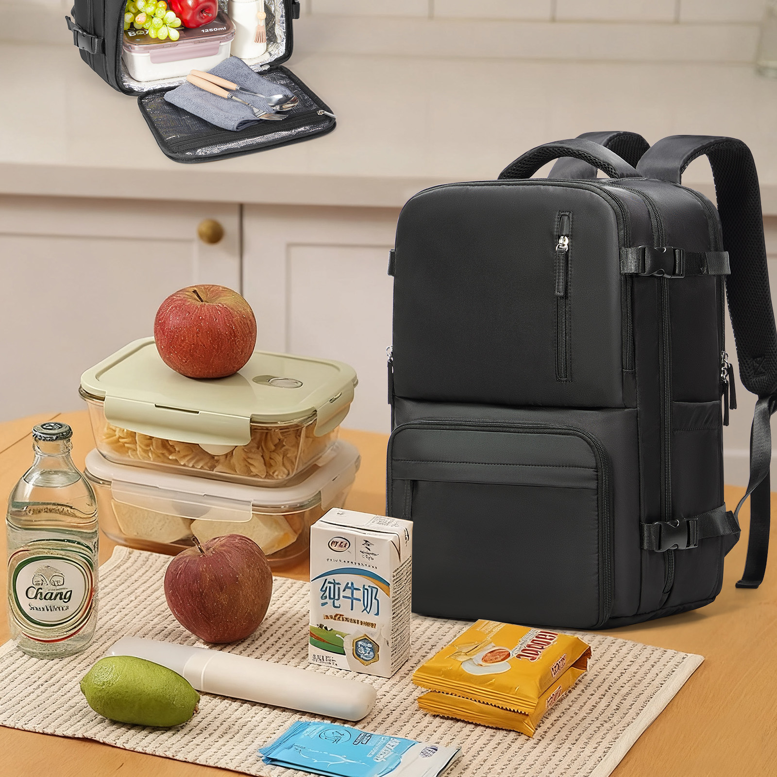 Mochila de almuerzo Mochila para hombre con fiambrera, mochila para portátil de 15,6 pulgadas Mochila de viaje, mochila de trabajo negra, fiambrera impermeable