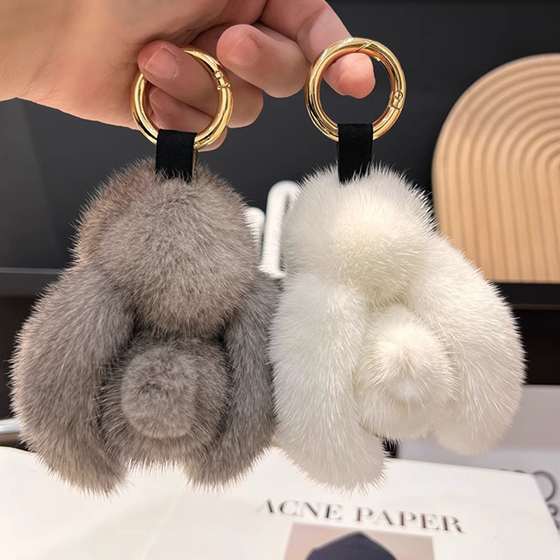 Cute Fluffy Rabbit Keychain Ring Plush Pompon Bunny Bag Pendant For Couple Car Key Ring Jewelry