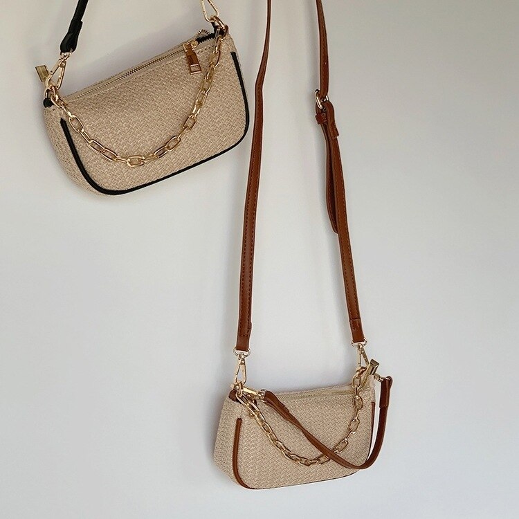 Bolsa de palha ocasional baguettes forma mulheres bolsas de ombro designer bolsas cadeias de vime tecido crossbody saco da praia do verão bolsas de ratan