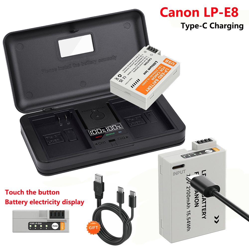 Batería LP - e8 lpe8, con entrada tipo C + cargador doble LCD de caja de almacenamiento, para la Cámara Canon EOS 550D 600D 650d 700d x7i x6i X5 X4 T2i t3i t4i t5i