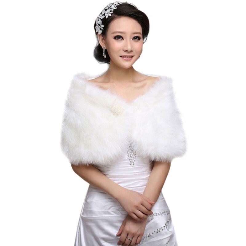 Womens Wit Faux Fur Bruids Wrap Stola Sjaal Cape Bruiloft Kunstmatige Parel Bal Versiering Winter Jasje Bolero