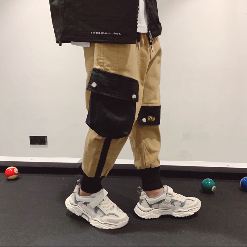 Hip Hop Boy Clothes Harem Pants Side Patchwork Khaki Trousers Kids Cargo Jogger Pants Children's Clothing Elastic Ankle Bottoms