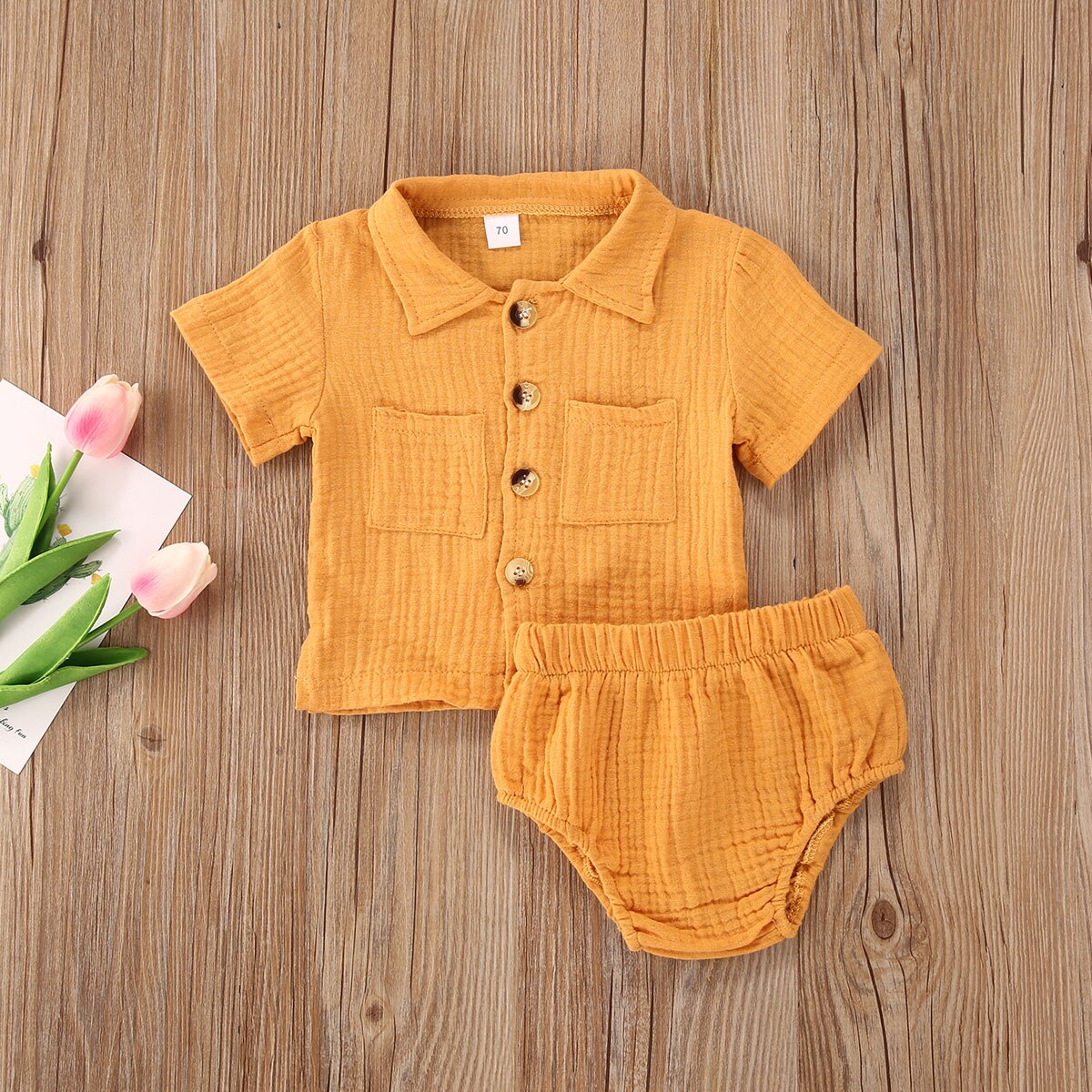Baby pige dreng 2 stk outfit sæt solid plisseret button-down foldet krave kortærmet top skjorte trekant elastik bukser sæt