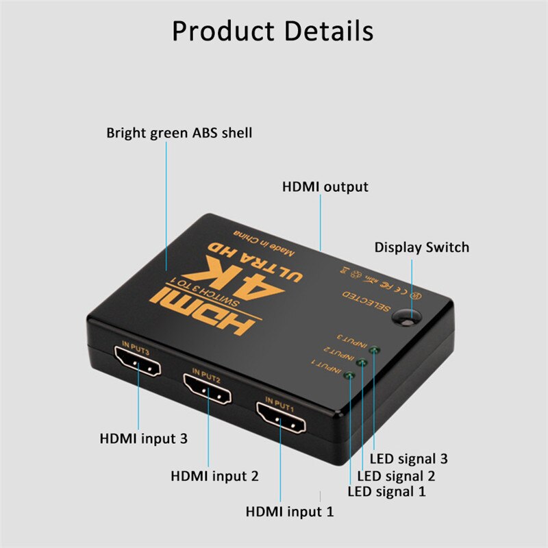 HDMI Switch 3 TO 1 Computer 4K connector 3 in 1 out HDTV video distributor Splitter 1080P / 4K * 2K Input/Output HDMI