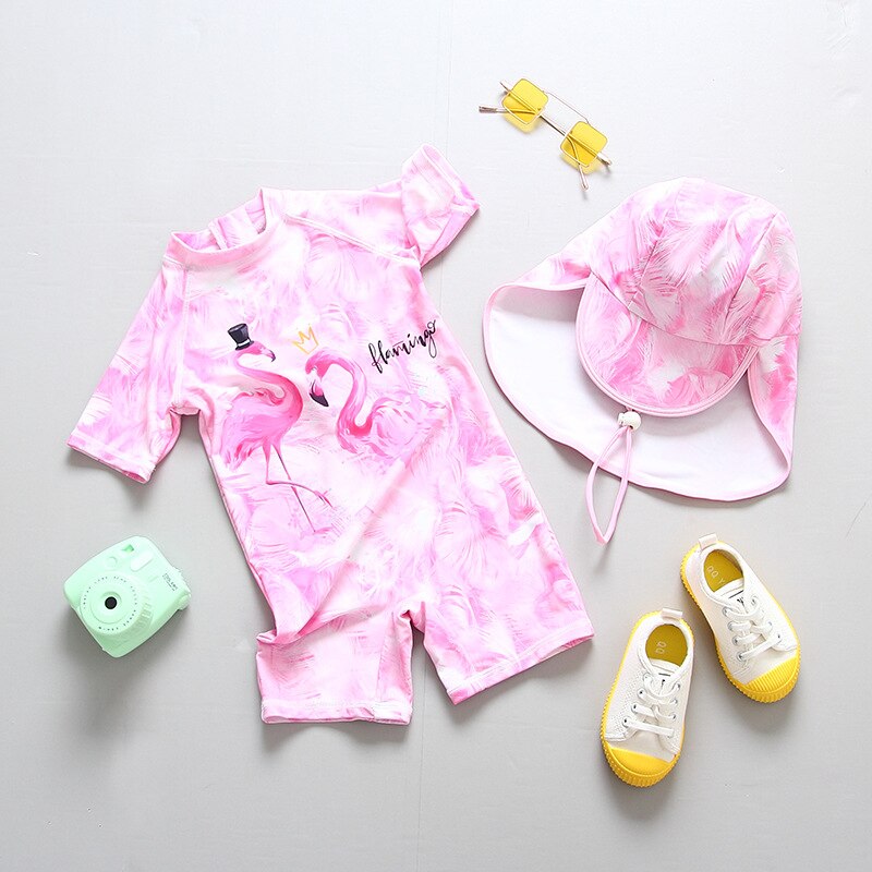 Flamingo Summer Girls Swimwear with Sun Hats UPF50+ One-Piece Swimwear for Kids Little Girls: 130