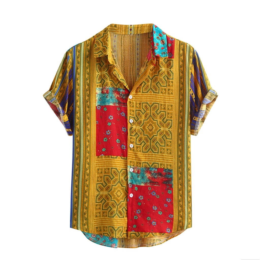 Skjortor m -3xl plus size herr färgglada tryckta sommar kortärmade lösa knappar fritidsskjortblus 3 färg dagligt slitage: Gul / Xxxl