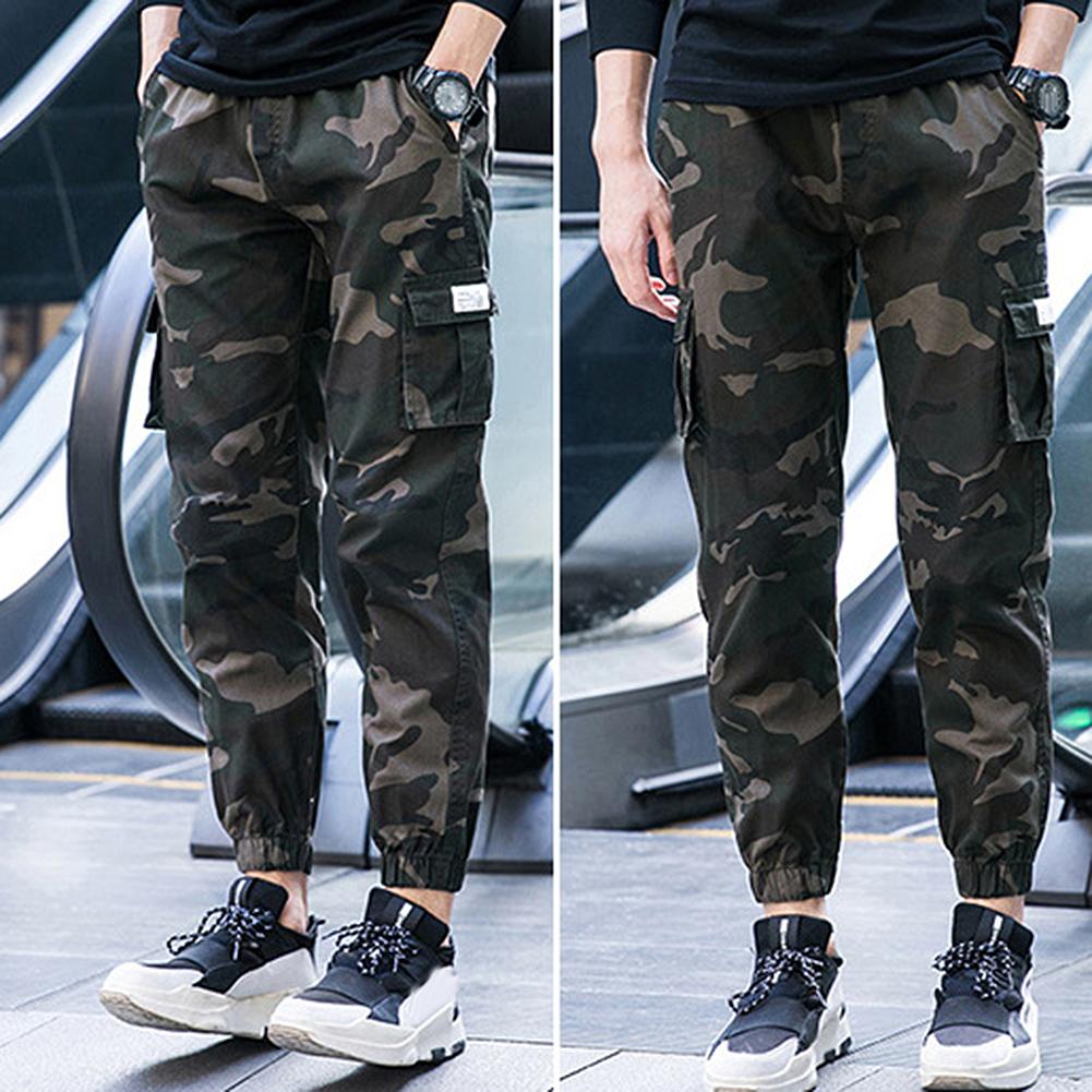 Camo Mannen Werkkleding Broek Dunne Multi-Pocket Enkel Stropdas Elastische Taille Straight Cargo Broek Met Meerdere Zakken