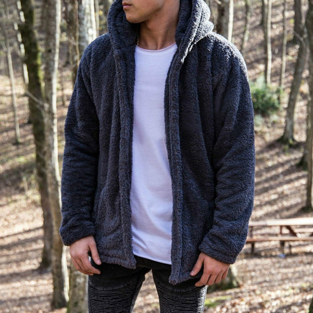 Men Male Casual Winter Warm Teddy Bear Pocket Coat Fleece Fur Jackets Hoodies Outwear: Blue / M