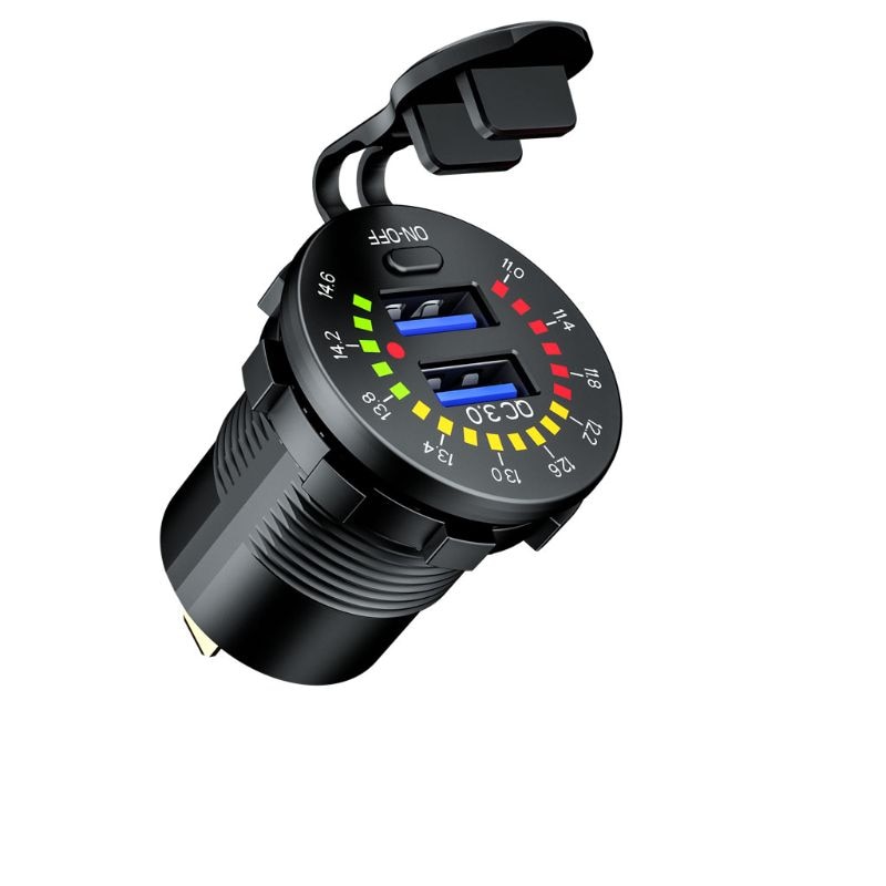12V 24V QC 3.0 Dual USB Car Charger Waterproof 18W USB Outlet Fast Charge with LED Voltmeter ON OFF Switch Power Cable