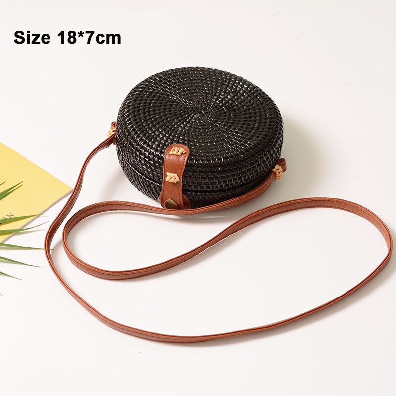 Zwart Wit Ronde Stro Tassen Vrouwen Zomer Rotan Tas Handgemaakte Geweven Strand Cross Body Bag Cirkel Bohemen Handtas Bali doos: A-Black