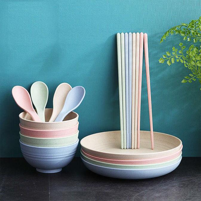 4 stuks effen plastic bord rond vaisselle servies serviesset borden en schalen eetstokjes keuken eetkamer kinderbord: Rood