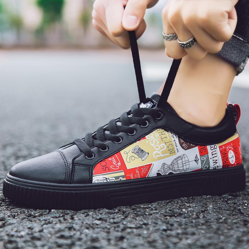 Forår mænd fritidssko gul læder sneakers graffiti flade skridsikre slidbestandige snørebånd åndbare sorte herresko: Sort / 10