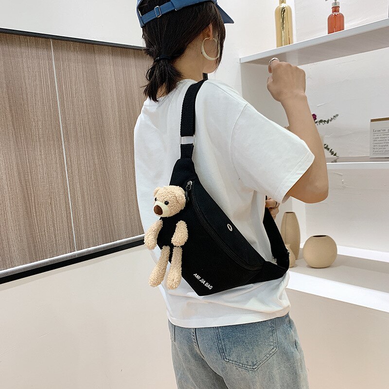 Koreaanse Ins Oude Gevoel Meisje Beer Borst Bag Vrouwelijke Japanse Studenten Canvas Taille Tas Zomer Kleine Satchel