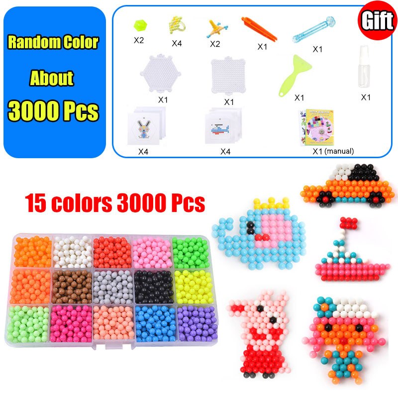 Refill Hama Beads Puzzle 3D Handmade Magic Aquabeads DIY Water Spray Beads Set Ball Games Children Toys for girls: 15Color 3000Pcs