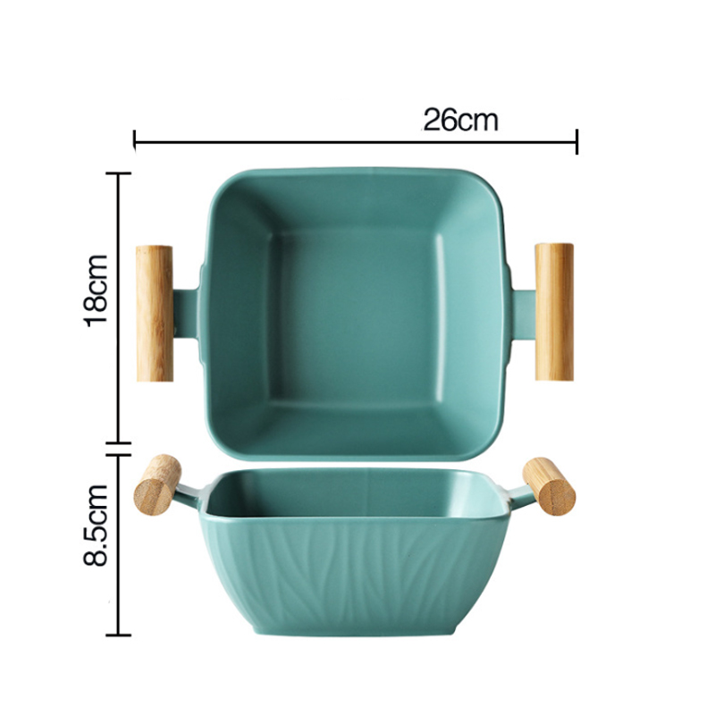 Keramische Vierkante Grote Soepkom Dubbele Oor Handvat Fruit Salade Creatieve Met Deksel Grote Capaciteit Servies Keuken Storage Tool: green