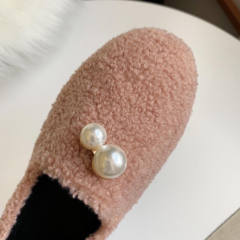 Ull kvinnor lägenheter pärla slip on skor kvinna loafers svarta båt skor plysch päls dam sko zapatos mujer 8720n