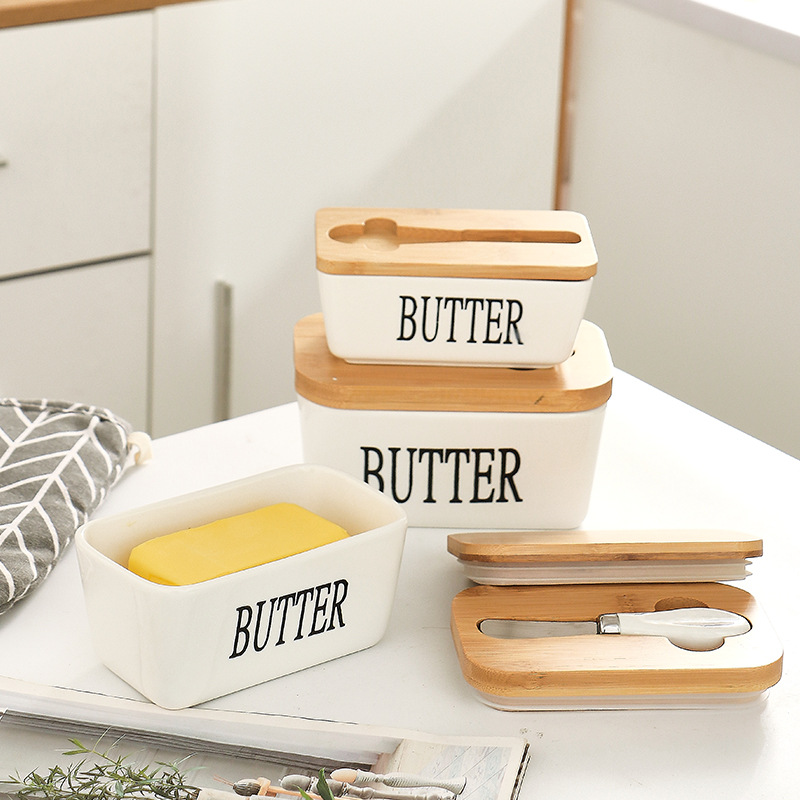 Ceramic Butter Box Cheese Storage Sealing Dish Tray With Wood Lid Knife Food Dish Butter Keeper Tool Plate Container For Kitchen