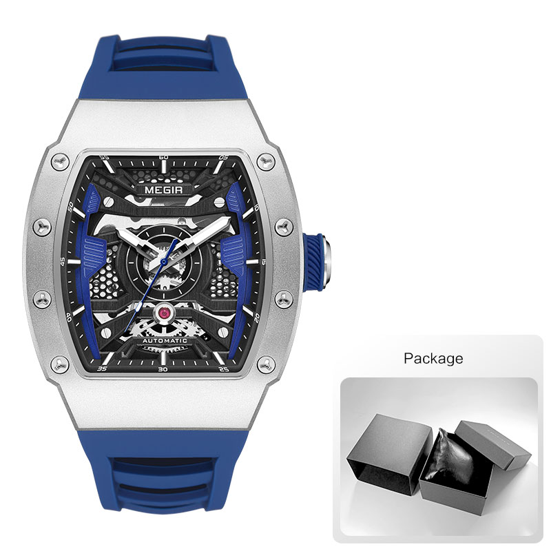 Reloj mecánico automático MEGIR para hombre con caja de acero inoxidable, correa de silicona, reloj de pulsera luminoso resistente al agua a la 8604: Marrón